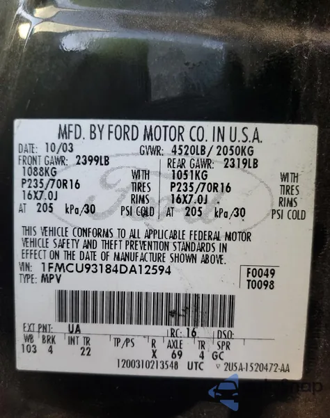 2004 Ford Escape Xlt z USA, uszkodzony, nr VIN 1FMCU93184DA12594